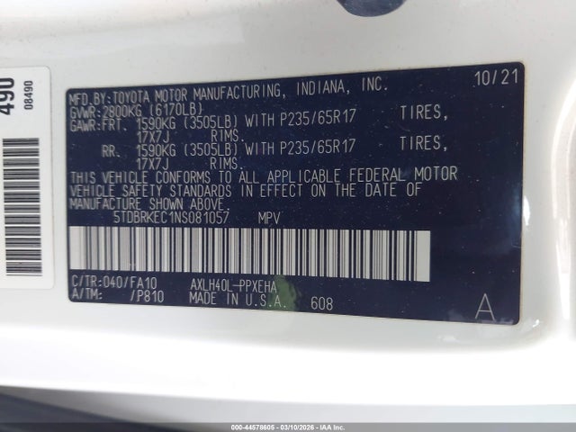 44578605 :رقم المزاد ، 5TDBRKEC1NS081057 vin ، 2022 Toyota Sienna Le مزاد بيع
