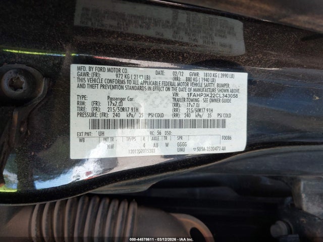 2012 Ford Focus Se მანქანა იყიდება აუქციონზე, vin: 1FAHP3K22CL343058, აუქციონის ნომერი: 44578611