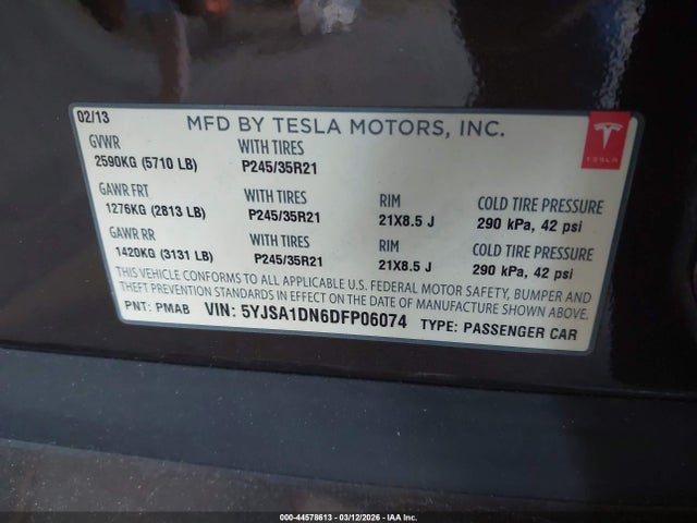 Aukcja sprzedaży 2013 Tesla Model S, vin: 5YJSA1DN6DFP06074, numer aukcji: 44578613