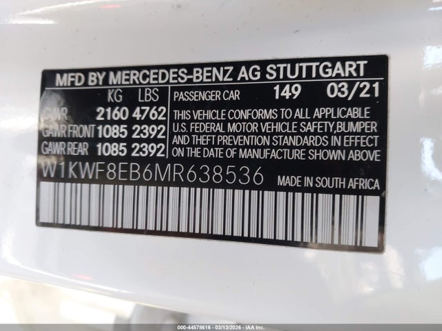 Продаж на аукціоні авто 2021 Mercedes-benz C 300 4matic, vin: W1KWF8EB6MR638536, номер лоту: 44578616