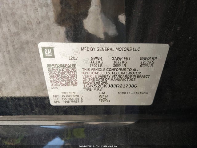 2018 Gmc Yukon Denali მანქანა იყიდება აუქციონზე, vin: 1GKS2CKJ8JR217386, აუქციონის ნომერი: 44578622