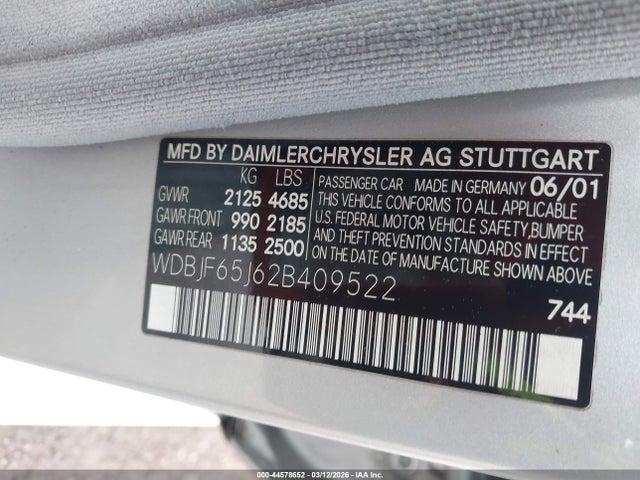 Продажа на аукционе авто 2002 Mercedes-benz E 320 Special Edition, vin: WDBJF65J62B409522, номер лота: 44578652
