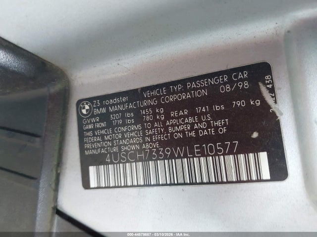 Продажа на аукционе авто 1998 Bmw Z3 1.9, vin: 4USCH7339WLE10577, номер лота: 44578687