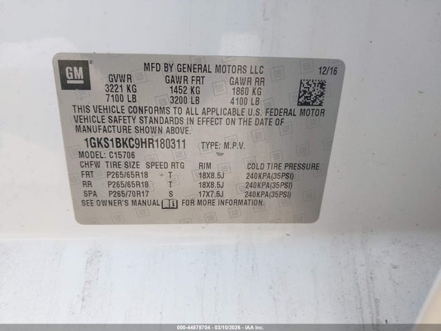 Продаж на аукціоні авто 2017 Gmc Yukon Slt, vin: 1GKS1BKC9HR180311, номер лоту: 44578704