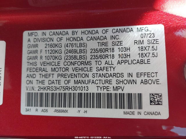 44578715 :رقم المزاد ، 2HKRS3H75RH301013 vin ، 2024 Honda Cr-v Ex-l 2wd مزاد بيع