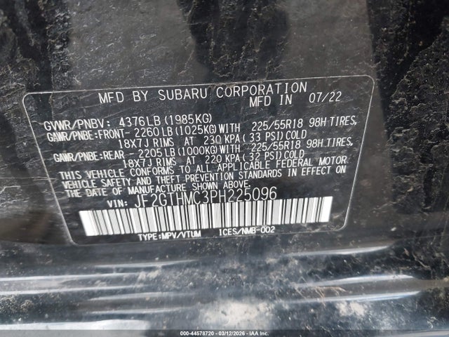Aukcja sprzedaży 2023 Subaru Crosstrek Limited, vin: JF2GTHMC3PH225096, numer aukcji: 44578720