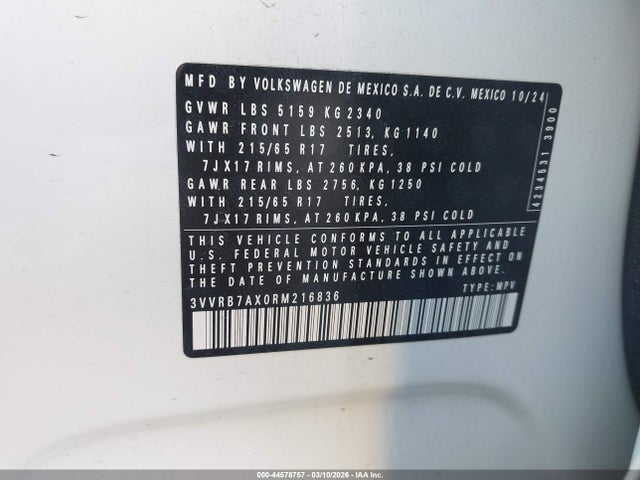 Aukcja sprzedaży 2024 Volkswagen Tiguan 2.0t S, vin: 3VVRB7AX0RM216836, numer aukcji: 44578757