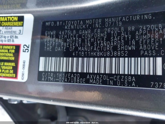 4T1B11HK8KU838852 Toyota CAMRY SE