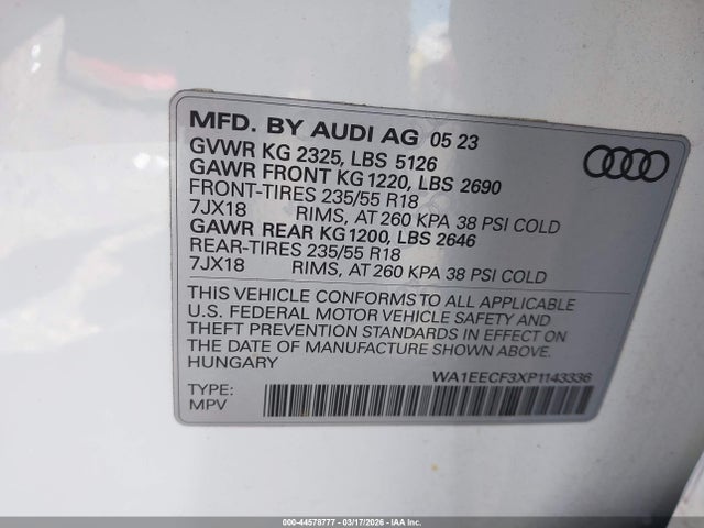 Продаж на аукціоні авто 2023 Audi Q3 Premium Plus 45 Tfsi S Line Quattro Tiptronic, vin: WA1EECF3XP1143336, номер лоту: 44578777