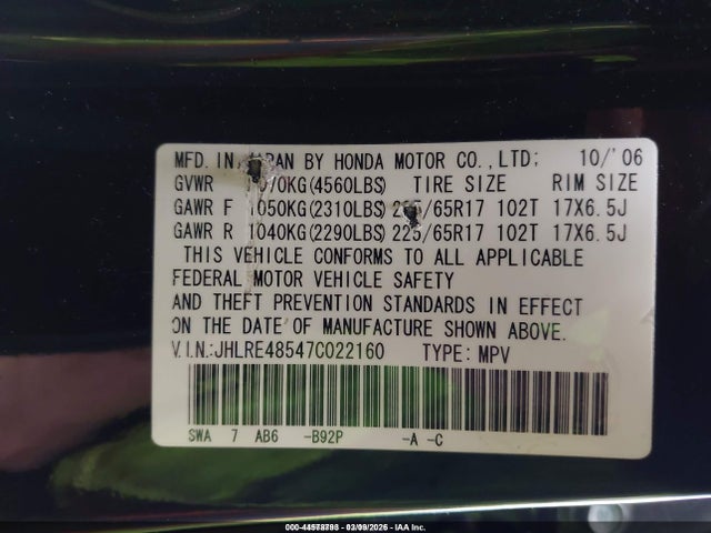 Auction sale of the 2007 Honda Cr-v Ex, vin: JHLRE48547C022160, lot number: 44578793
