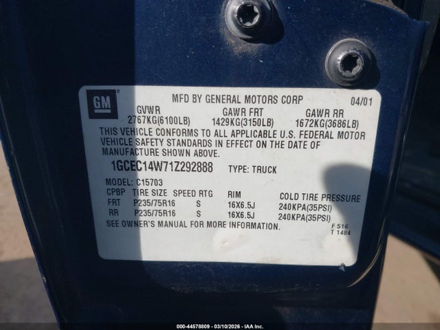 2001 CHEVROLET SILVERADO 1500 1GCEC14W71Z292888 Photo 8