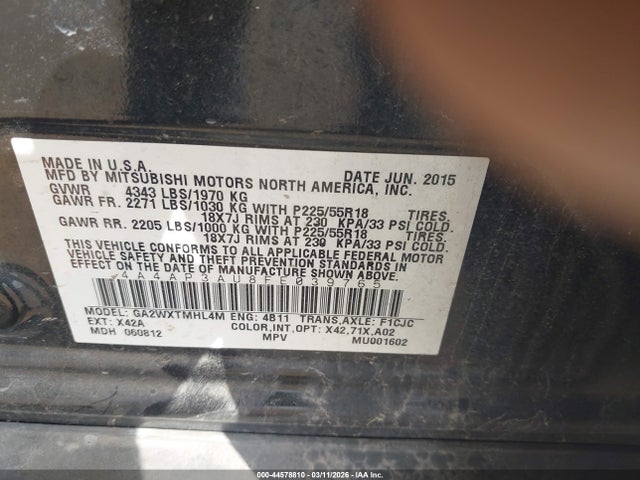 Aukcja sprzedaży 2015 Mitsubishi Outlander Sport Es, vin: 4A4AP3AU8FE039765, numer aukcji: 44578810