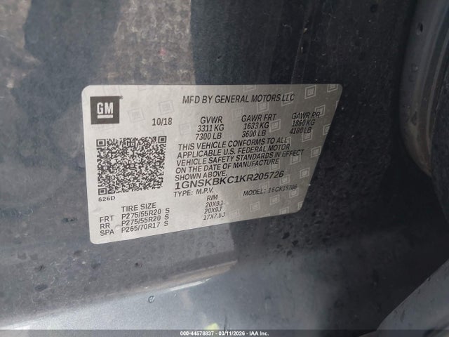 2019 Chevrolet Tahoe Lt მანქანა იყიდება აუქციონზე, vin: 1GNSKBKC1KR205726, აუქციონის ნომერი: 44578837