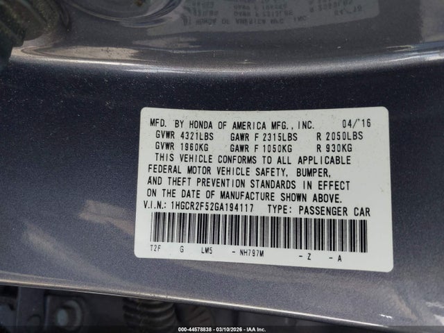 Продаж на аукціоні авто 2016 Honda Accord Sport, vin: 1HGCR2F52GA194117, номер лоту: 44578838