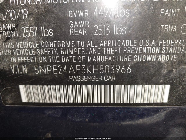 5NPE24AF3KH803966 Hyundai SONATA SE