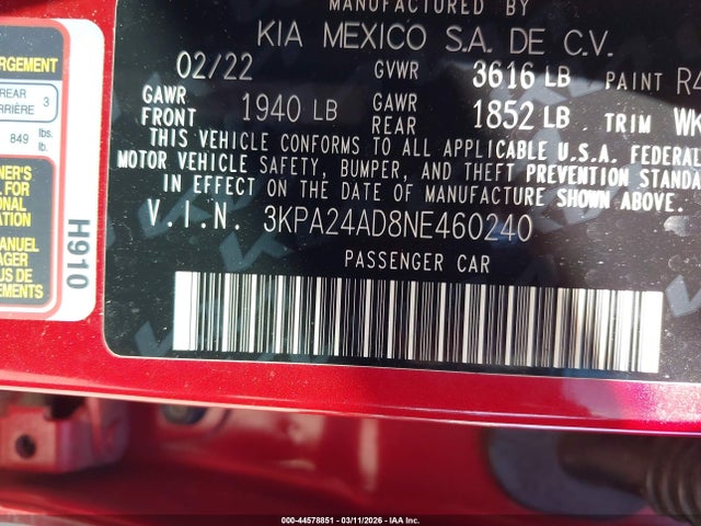 Продажа на аукционе авто 2022 Kia Rio S, vin: 3KPA24AD8NE460240, номер лота: 44578851