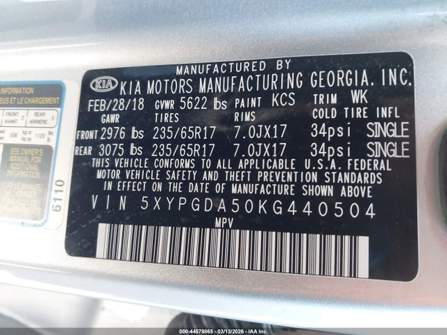 5XYPGDA50KG440504 KIA Sorento 3.3l Lx