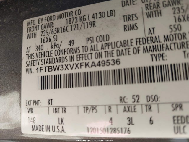 44578867 :رقم المزاد ، 1FTBW3XVXFKA49536 vin ، 2015 Ford Transit-350 مزاد بيع