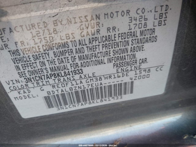 Nissan Versa 1.6 Sv 2019 3N1CN7AP8KL841933 Image 9