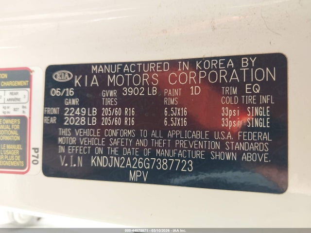 Aukcja sprzedaży 2016 Kia Soul, vin: KNDJN2A26G7387723, numer aukcji: 44578871