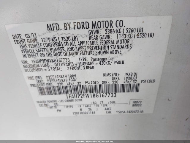2011 FORD TAURUS 1FAHP2FW1BG167733 Photo 8