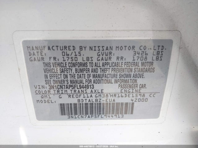 Продажа на аукционе авто 2015 Nissan Versa 1.6 Sv, vin: 3N1CN7AP5FL944913, номер лота: 44578913