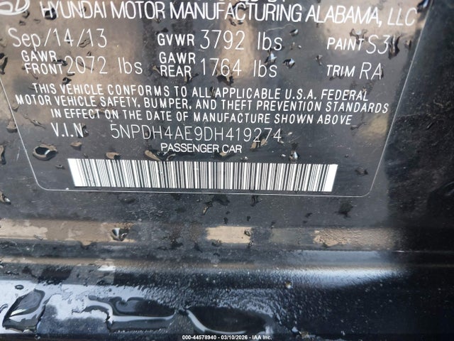 2013 Hyundai Elantra Gls მანქანა იყიდება აუქციონზე, vin: 5NPDH4AE9DH419274, აუქციონის ნომერი: 44578940