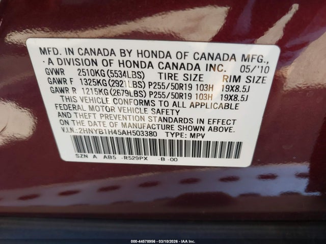 Продажа на аукционе авто 2010 Acura Zdx, vin: 2HNYB1H45AH503380, номер лота: 44578956