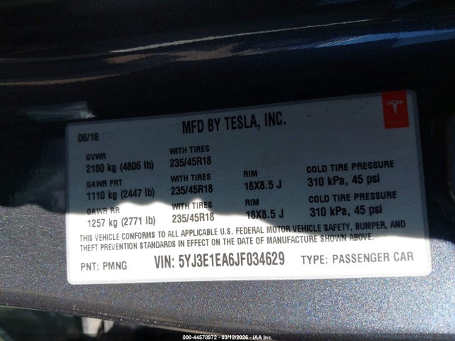 44578972 :رقم المزاد ، 5YJ3E1EA6JF034629 vin ، 2018 Tesla Model 3 مزاد بيع
