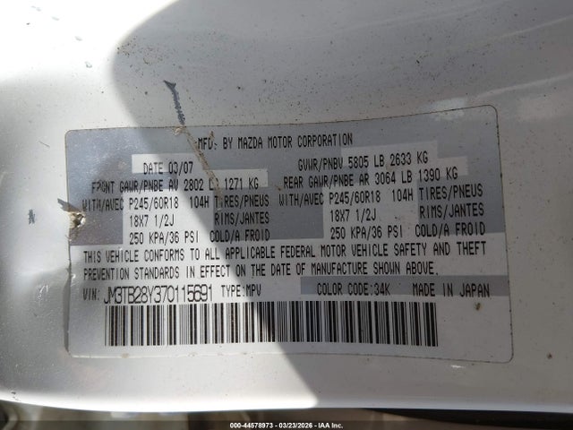 44578973 :رقم المزاد ، JM3TB28Y370115691 vin ، 2007 Mazda Cx-9 Sport مزاد بيع