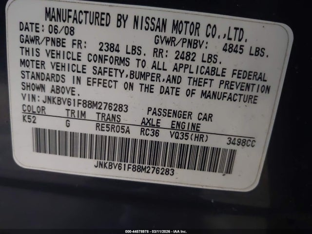 Продаж на аукціоні авто 2008 Infiniti G35x, vin: JNKBV61F88M276283, номер лоту: 44578978