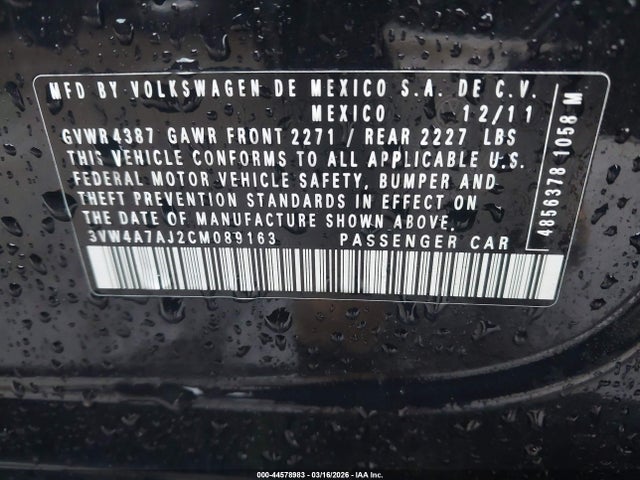 44578983 :رقم المزاد ، 3VW4A7AJ2CM089163 vin ، 2012 Volkswagen Jetta Gli Autobahn W/nav مزاد بيع
