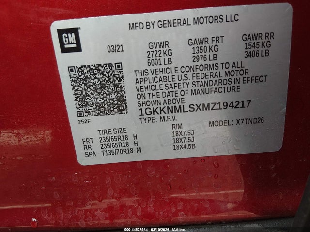 Aukcja sprzedaży 2021 Gmc Acadia Fwd Slt, vin: 1GKKNMLSXMZ194217, numer aukcji: 44578984