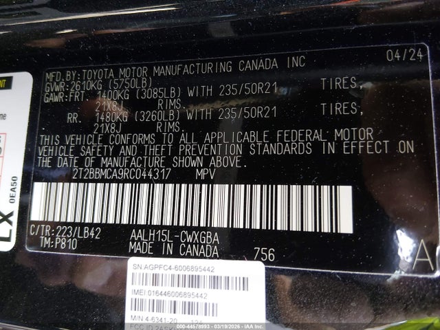 Aukcja sprzedaży 2024 Lexus Rx 350h Premium Plus, vin: 2T2BBMCA9RC044317, numer aukcji: 44578993