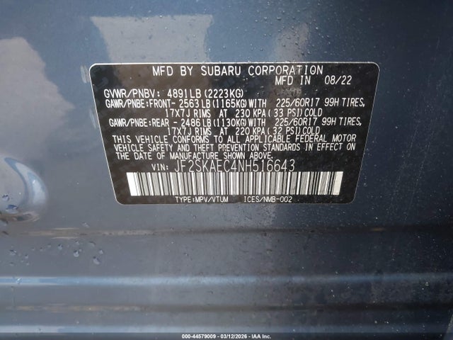 Aukcja sprzedaży 2022 Subaru Forester Premium, vin: JF2SKAEC4NH516643, numer aukcji: 44579009