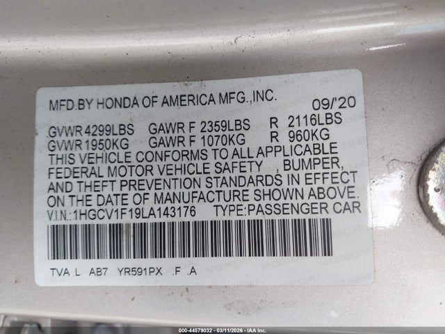 Aukcja sprzedaży 2020 Honda Accord Lx, vin: 1HGCV1F19LA143176, numer aukcji: 44579032