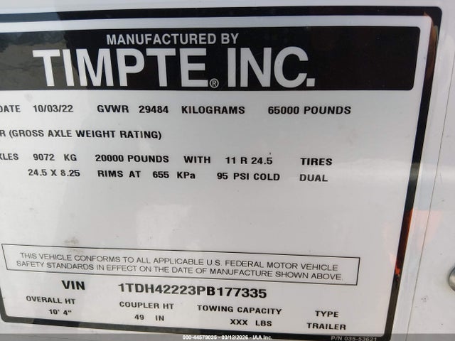 Aukcja sprzedaży 2023 Timpte Grain Belly Trailer, vin: 1TDH42223PB177335, numer aukcji: 44579035