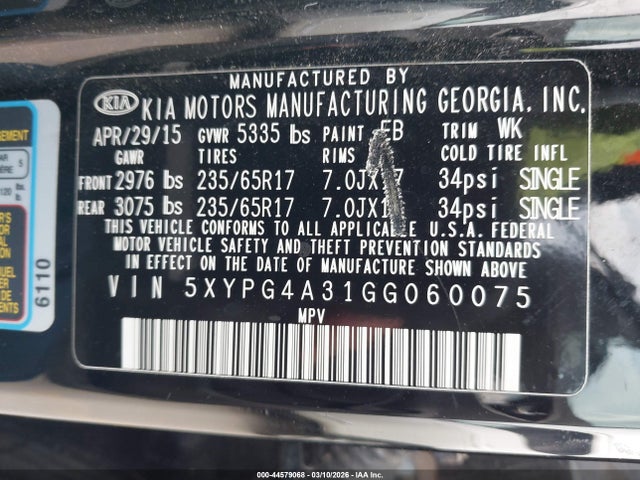 Продажа на аукционе авто 2016 Kia Sorento 2.4l Lx, vin: 5XYPG4A31GG060075, номер лота: 44579068