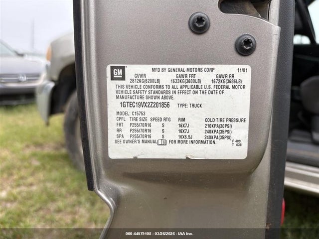 2002 Gmc Sierra 1500 Sle მანქანა იყიდება აუქციონზე, vin: 1GTEC19VX2Z201856, აუქციონის ნომერი: 44579108
