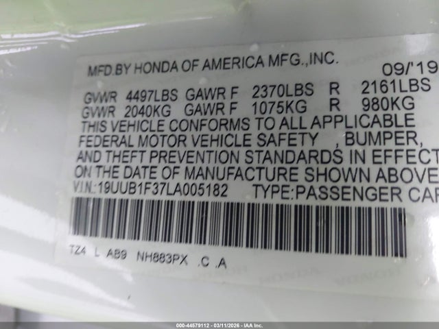 2020 Acura Tlx Standard მანქანა იყიდება აუქციონზე, vin: 19UUB1F37LA005182, აუქციონის ნომერი: 44579112