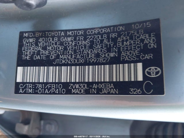 JTDKN3DUXF1997827 Toyota Prius Two