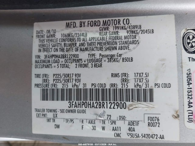 Продаж на аукціоні авто 2011 Ford Fusion Se, vin: 3FAHP0HA2BR122900, номер лоту: 44579158