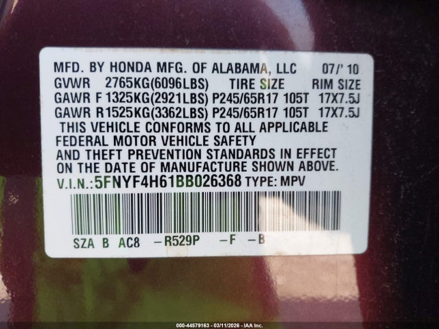 44579163 :رقم المزاد ، 5FNYF4H61BB026368 vin ، 2011 Honda Pilot Ex-l مزاد بيع