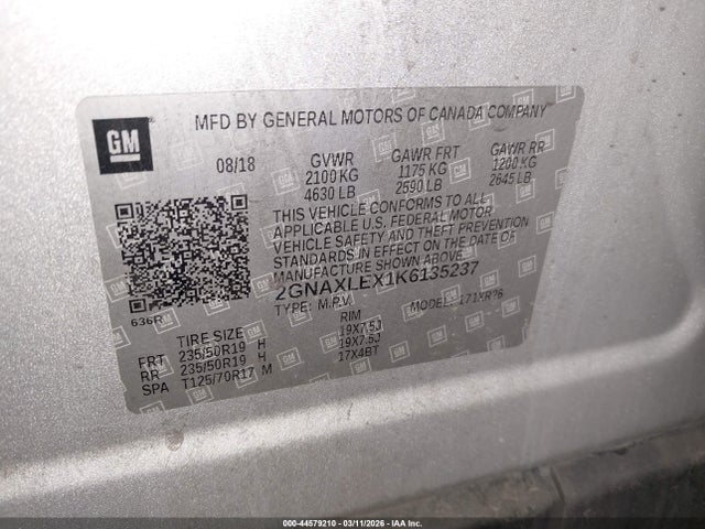 Продажа на аукционе авто 2019 Chevrolet Equinox Lt, vin: 2GNAXLEX1K6135237, номер лота: 44579210