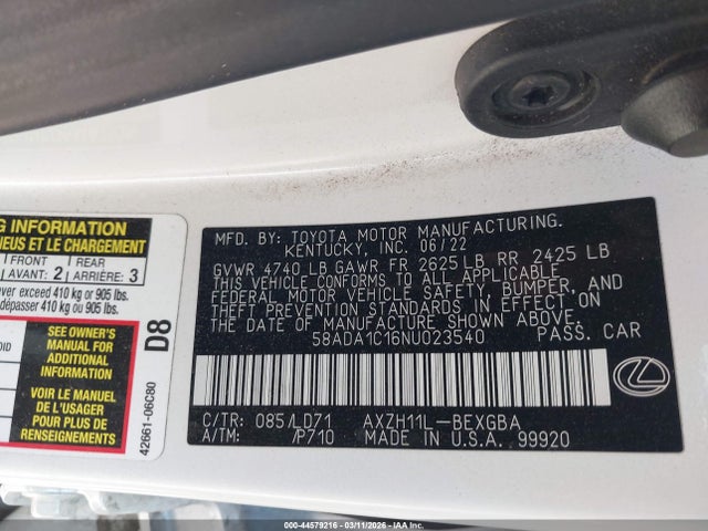 Aukcja sprzedaży 2022 Lexus Es 300h, vin: 58ADA1C16NU023540, numer aukcji: 44579216