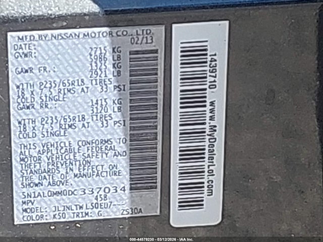44579230 :رقم المزاد ، 5N1AL0MM0DC337034 vin ، 2013 Infiniti Jx35 مزاد بيع