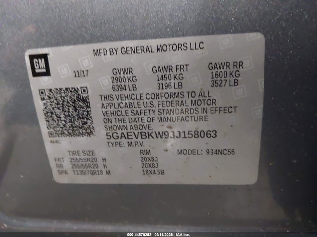 2018 Buick Enclave Premium მანქანა იყიდება აუქციონზე, vin: 5GAEVBKW9JJ158063, აუქციონის ნომერი: 44579252
