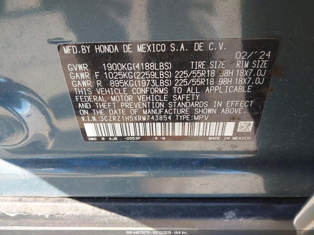 3CZRZ1H5XRM743854 Honda Hr-v 2wd Sport/2wd Sport W/o Bsi