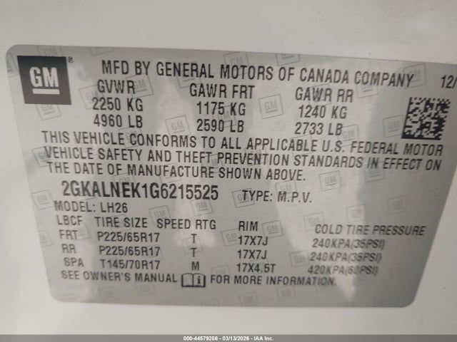 Aukcja sprzedaży 2016 Gmc Terrain Sle-2, vin: 2GKALNEK1G6215525, numer aukcji: 44579286
