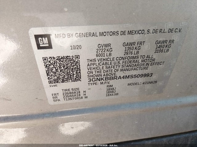Продаж на аукціоні авто 2021 Chevrolet Blazer Fwd 1lt, vin: 3GNKBBRA4MS509993, номер лоту: 44579297